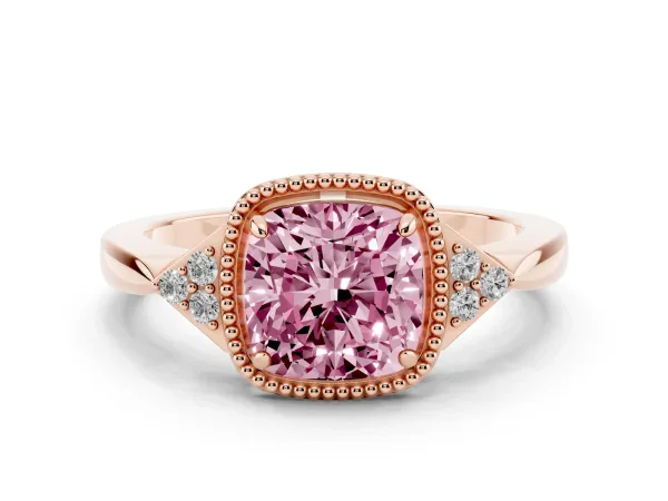 Fancy Pink Hexagonal Halo Cushion Cut Diamond Solitaire with Pavé Band and Four-Prong Setting Rose gold