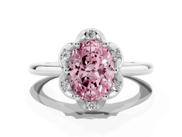 Fancy Pink Oval Cut Halo Diamond Ring with Round Cluster Setting, Solitaire Band, and Four-Prong Setting Platinum