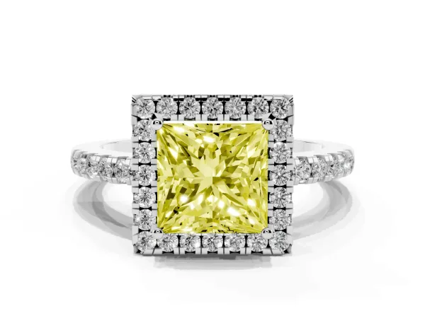 Fancy Yellow Princess Cut Halo Diamond Engagement Ring with Pavé Band and Four-Prong Setting Platinum