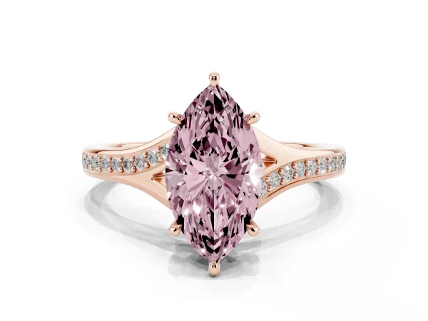 Fancy Pink Marquise Cut Diamond Solitaire Ring with Pavé Band and Prong Setting Rose gold