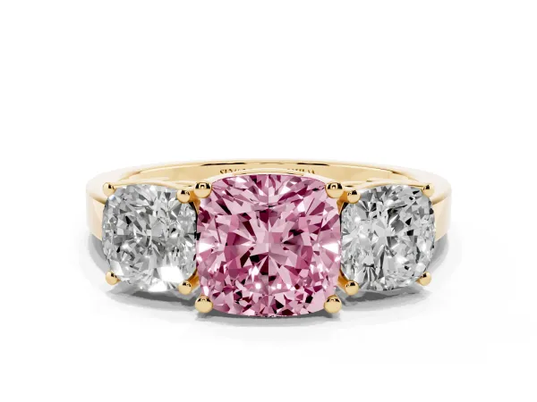 Fancy Pink Three-Stone Cushion Cut Cut Diamond Engagement Ring with Flat Band and Four-Prong Setting Yellow gold