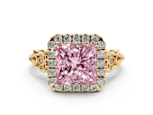 Fancy Pink Princess Cut Halo Diamond Engagement Ring with Filigree Band and Four-Prong Setting Yellow gold