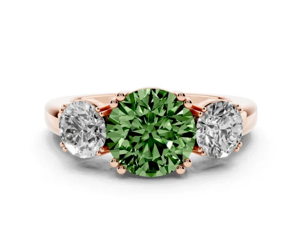Fancy Green Three-Stone Round Cut Cut Diamond Ring with Channel Set Band and Four-Prong Setting Rose gold