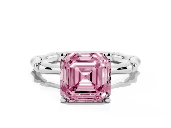 Fancy Pink Asscher Cut Solitaire Diamond Ring with Bamboo Band and Four-Prong Setting Platinum