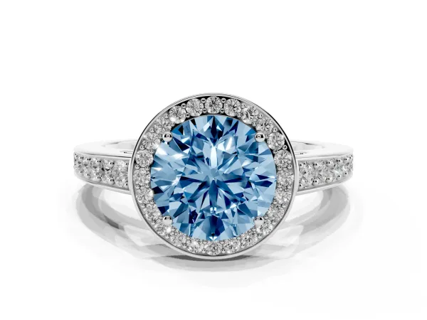 Fancy Blue Round Cut Halo Pavé Diamond Engagement Ring with Bezel Setting Platinum