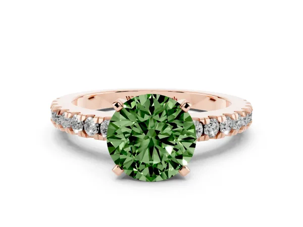 Fancy Green Round Cut Solitaire Diamond with Pavé Band and Four-Prong Setting Rose gold