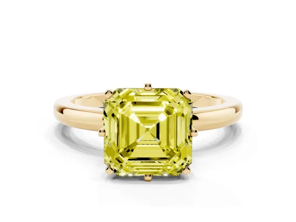 Fancy Yellow Asscher Cut Solitaire Diamond Ring with Six-Prong Setting on a Classic Band Yellow gold