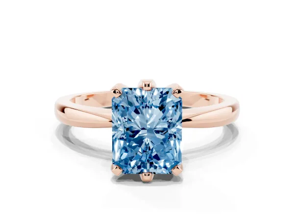 Fancy Blue Radiant Cut Solitaire Engagement Ring with Six-Prong Setting and Tapered Band Rose gold