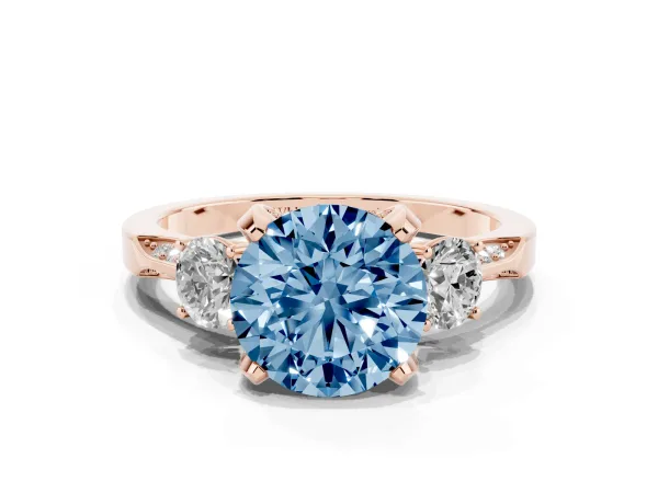 Fancy Blue Round Cut Brilliant Three-Stone Diamond Ring with Pavé Band and Four-Prong Setting Rose gold