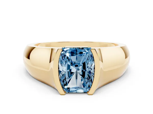 Fancy Blue Radiant Cut Solitaire Bezel Set Diamond Ring with Wide Band Yellow gold