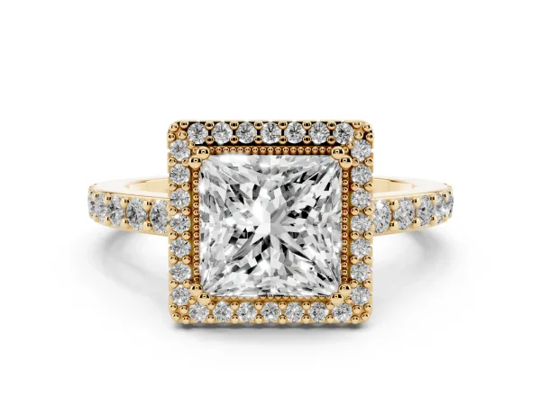Princess Cut Cut Diamond Halo Engagement Ring with Milgrain Detail and Pavé Band Yellow gold