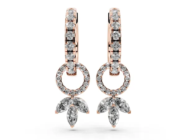 Round and Marquise Diamond Huggie Drop Earrings Rose gold