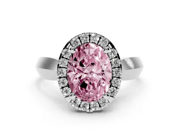 Fancy Pink Oval Cut Cut Halo Solitaire Engagement Ring with Square Band and Four-Prong Setting Platinum