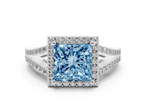 Fancy Blue Princess Cut Halo Split Shank Diamond Ring with Prong Setting White gold