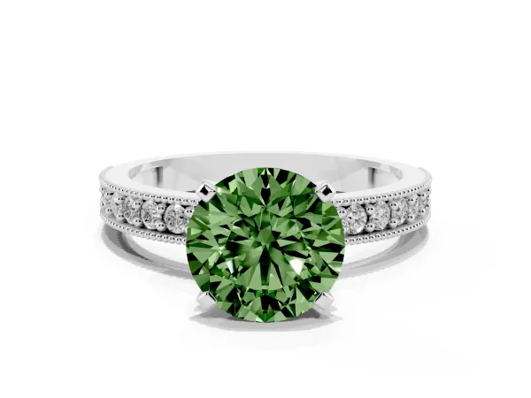 Fancy Green Round Cut Diamond Milgrain Pavé Engagement Ring with Four-Prong Setting Platinum