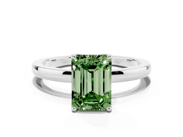Fancy Green Emerald Cut Diamond Solitaire Ring with Thin Band and Prong Setting Platinum