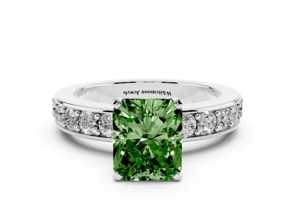 Fancy Green Radiant Cut Diamond Engagement Ring with Channel Set Round Band and Prong Setting White gold