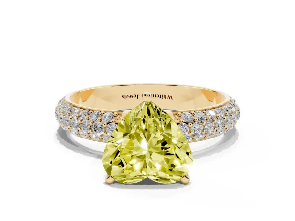 Fancy Yellow Heart Cut Diamond Solitaire Ring with Prong Setting and Pavé Band Yellow gold