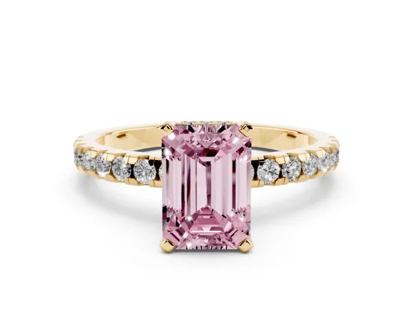 Fancy Pink Emerald Cut Diamond Solitaire Ring with Round Pavé Band and Four-Prong Setting Yellow gold