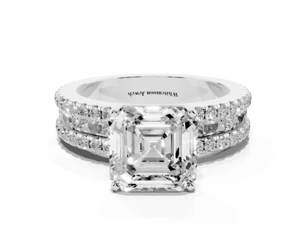 Asscher Cut Diamond Solitaire Ring with Pavé and Channel Set Band White gold