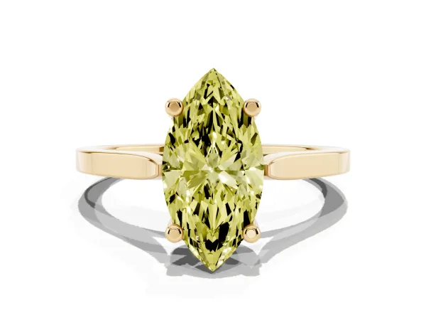 Fancy Yellow Marquise Cut Solitaire Diamond Ring with Four-Prong Setting and Tapered Band Yellow gold