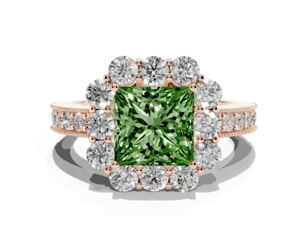 Fancy Green Princess Cut Cut Halo Diamond Pavé Engagement Ring with Milgrain Detailing Rose gold