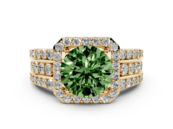 Fancy Green Round Cut Halo Diamond Ring with Round Split Shank and Prong Setting Yellow gold