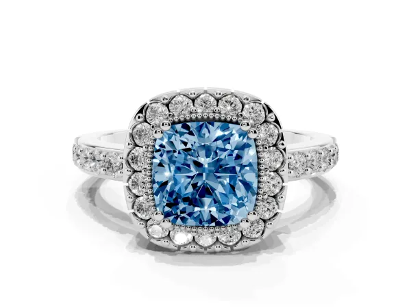 Fancy Blue Cushion Cut Diamond Halo Ring with Pavé Band and Prong Setting Platinum