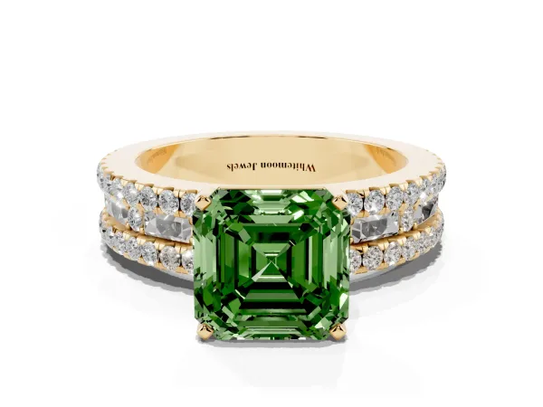 Fancy Green Asscher Cut Diamond Solitaire Ring with Pavé and Channel Set Band Yellow gold