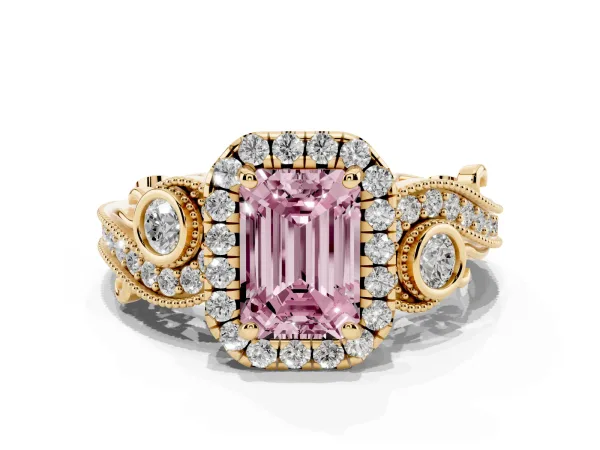 Fancy Pink Emerald Cut Diamond Halo Ring with Milgrain Pavé Band and Four-Prong Setting Yellow gold