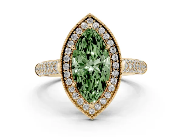 Fancy Green Marquise Cut Cut Halo Diamond Pave Band with Four-Prong Setting Yellow gold
