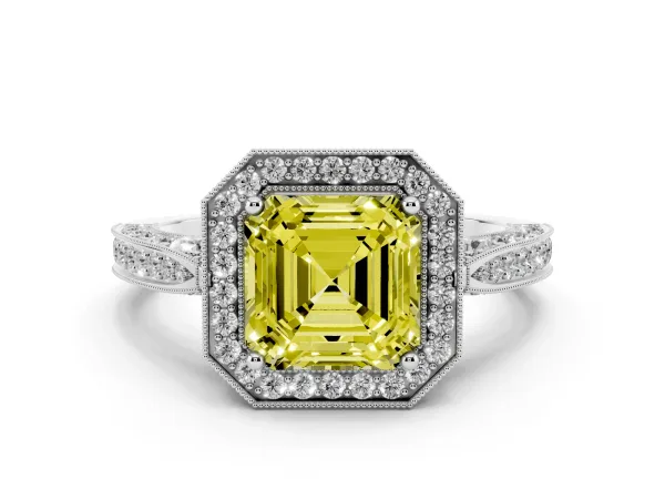 Fancy Yellow Asscher Cut Halo Diamond Engagement Ring with Split Shank Band and Four-Prong Setting Platinum