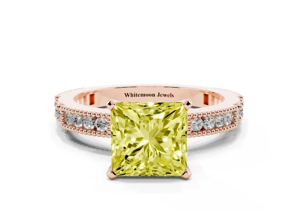Fancy Yellow Princess Cut Solitaire with Pavé Band and Four-Prong Setting Rose gold