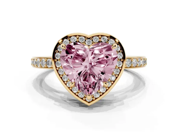 Fancy Pink Heart Cut Halo Pave Band Solitaire Ring with Prong Setting Yellow gold