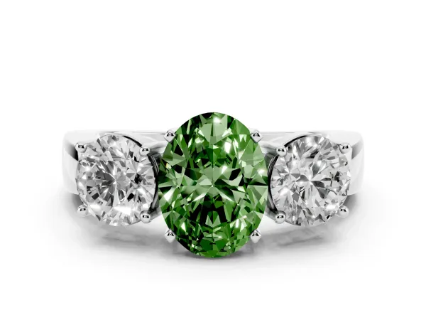 Fancy Green Three-Stone Oval Cut Diamond Ring with Round Side Stones, Classic Band, and Four-Prong Setting Platinum