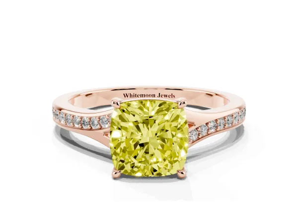 Fancy Yellow Cushion Cut Diamond Solitaire Ring with Pavé Band and Prong Setting Rose gold
