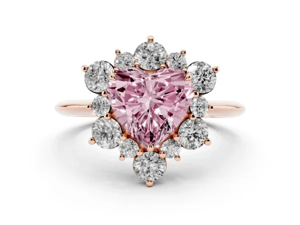 Fancy Pink Heart Cut Diamond Cluster Halo Ring with Solitaire Band and Four-Prong Setting Rose gold
