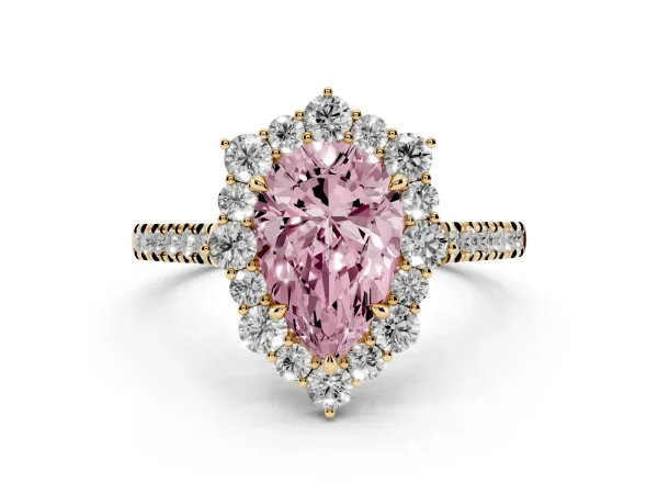 Fancy Pink Pear Cut Halo Diamond Ring with Pavé Band and Prong Setting Yellow gold