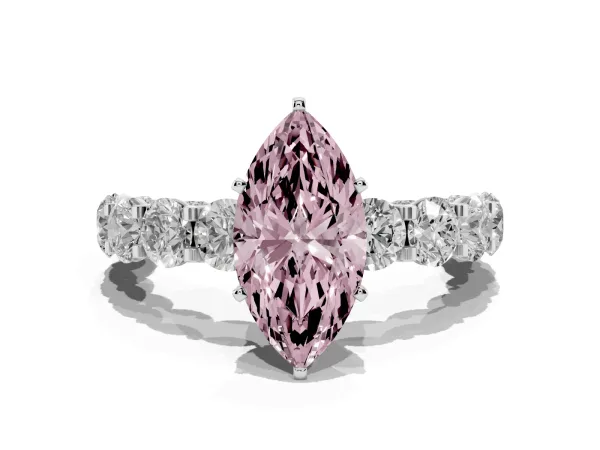 Fancy Pink Marquise Cut Diamond Side Stone Engagement Ring with Four-Prong Setting Platinum