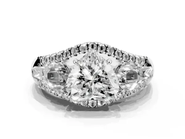 Three-Stone Heart Cut Diamond Engagement Ring with Pave Band and Prong Setting White gold