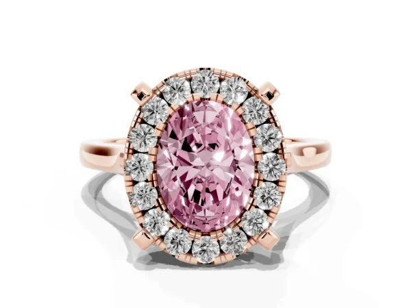 Fancy Pink Oval Cut Diamond Cluster Halo Solitaire with Four-Prong Setting Rose gold