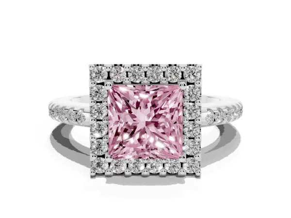 Fancy Pink Princess Cut Diamond Pavé Halo Ring with Four-Prong Setting Platinum