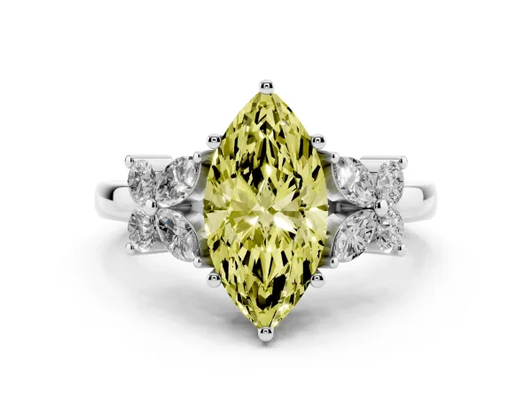 Fancy Yellow Marquise Cut Diamond Floral Cluster Ring with Solitaire Band and Prong Setting White gold