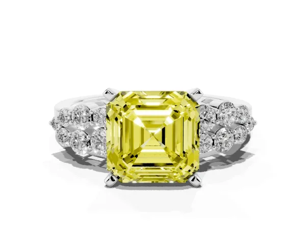 Fancy Yellow Asscher Cut Cluster Diamond Engagement Ring with Pavé Band and Four-Prong Setting White gold