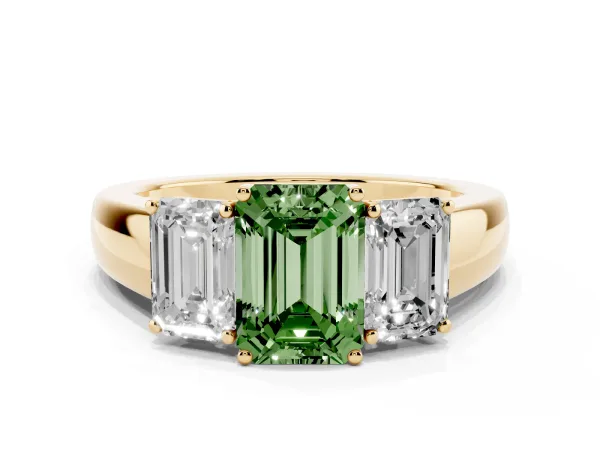 Fancy Green Three-Stone Emerald Cut Cut Diamond Ring with Prong Setting and Classic Band Yellow gold