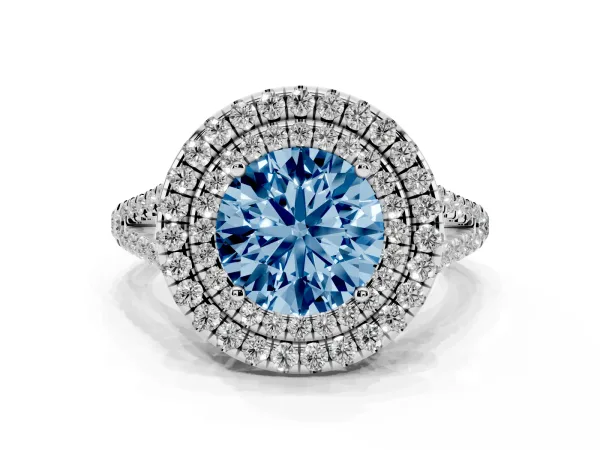 Fancy Blue Round Cut Diamond Double Halo Ring with Pavé Band and Prong Setting Platinum