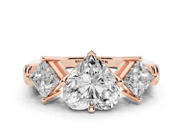 Three-Stone Heart Cut and Princess Cut Diamond Ring with Channel Band and Four-Prong Setting Rose gold
