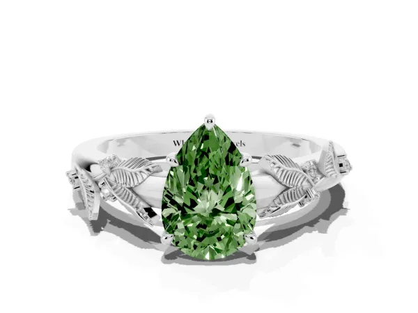 Fancy Green Pear Cut Diamond Solitaire Ring with Leaf Motif Band and Four-Prong Setting Platinum