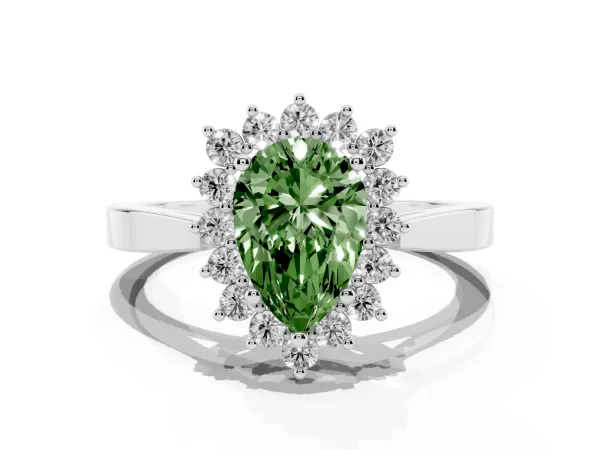 Fancy Green Pear Cut Cut Diamond Halo Ring with Round Brilliant Halo and Solitaire Band White gold