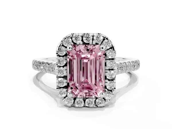 Fancy Pink Emerald Cut Diamond Cushion Halo Ring with Pavé Band Platinum